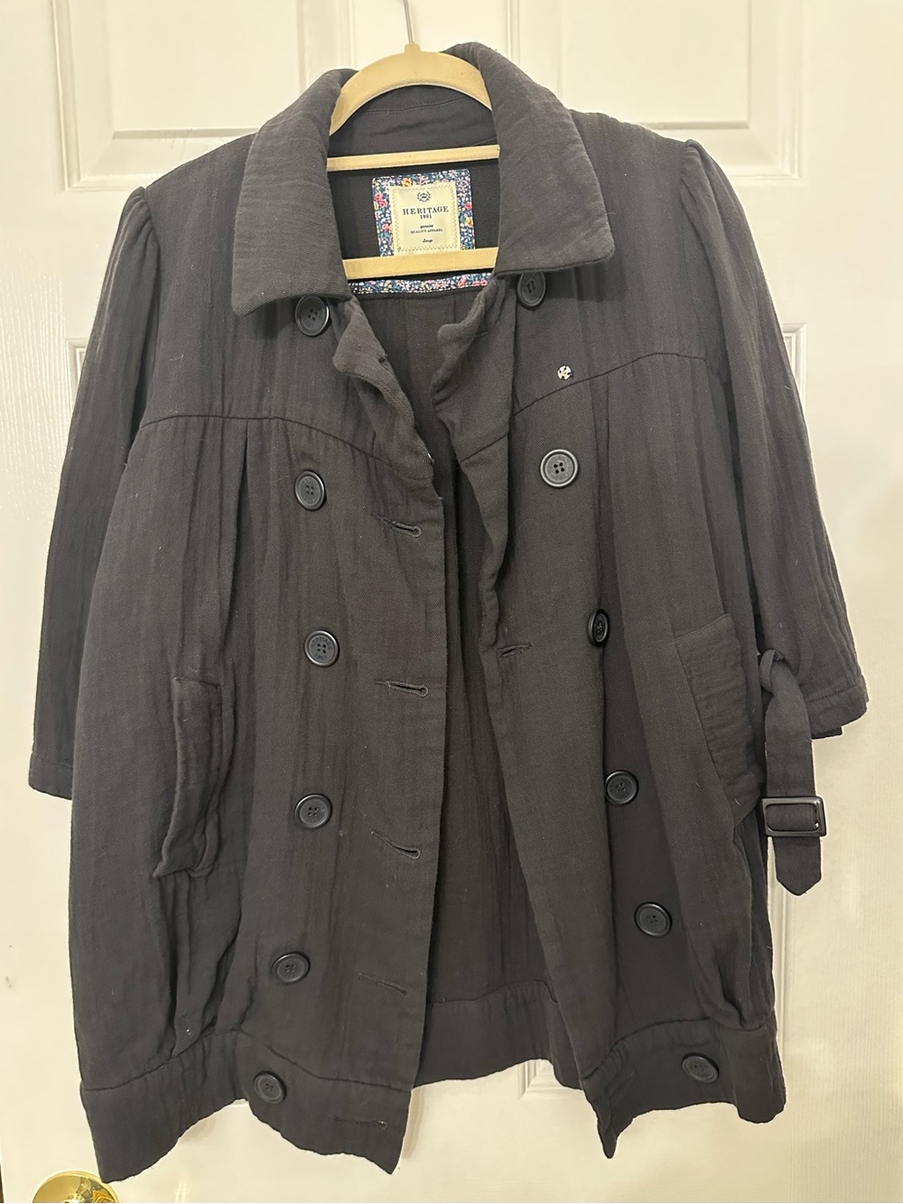 Heritage 1981 Black Cotton Gauze Double Breasted Pea Coat Jacket Floral Trim L